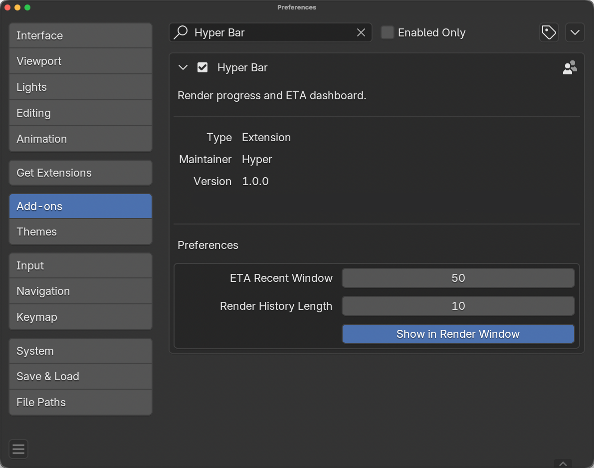 Hyper Bar add-on settings in Blender Preferences